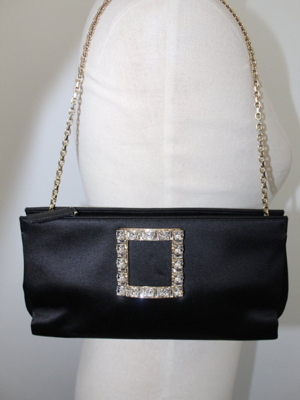 Roger Vivier Black Satin Handbag Clutch Trompette Jeweled Crystal Buckle